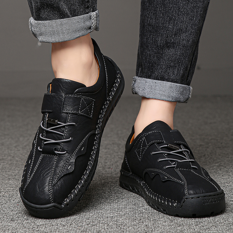 Men's Slip On Loafers Leather Casual Shoes,Lightweight Comfy Vintage Hand-Stitching Zip Driving Walking Sneakers