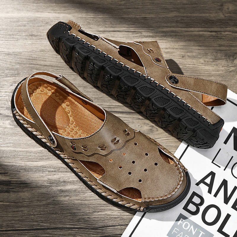Men's Casual Closed Toe Adjustable Leather Sandals Handmade Fisherman Beach Sandals