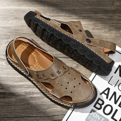 Men's Casual Closed Toe Adjustable Leather Sandals Handmade Fisherman Beach Sandals