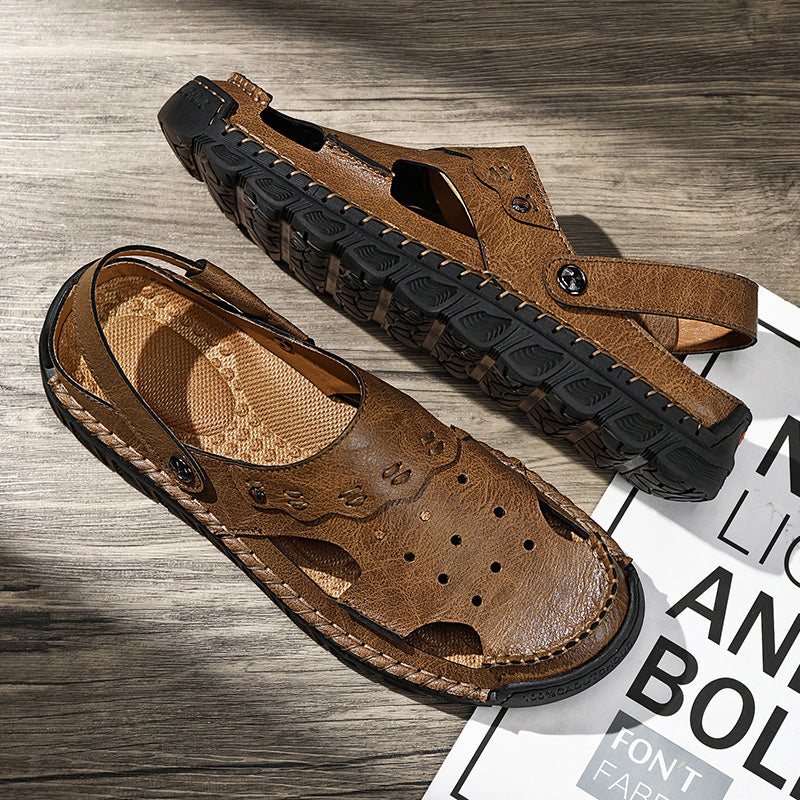 Men's Casual Closed Toe Adjustable Leather Sandals Handmade Fisherman Beach Sandals