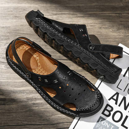Men's Casual Closed Toe Adjustable Leather Sandals Handmade Fisherman Beach Sandals