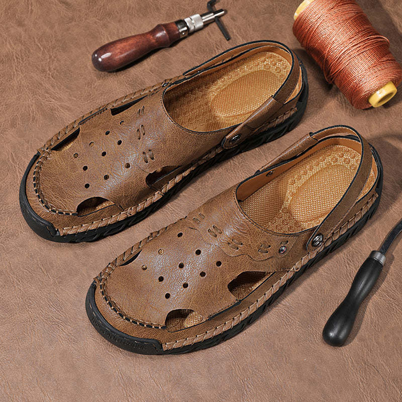 Men's Casual Closed Toe Adjustable Leather Sandals Handmade Fisherman Beach Sandals