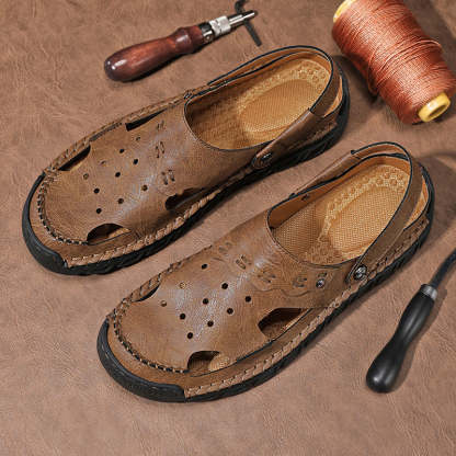 Men's Casual Closed Toe Adjustable Leather Sandals Handmade Fisherman Beach Sandals