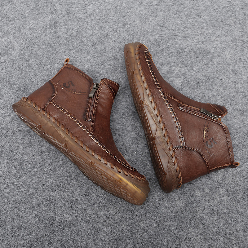 Mens Hand Stitching Leather Lace Up Ankle Boots Casual Vintage Non Slip Flats Arch Support Loafers for Hiking Walking Driving Chukka Boots