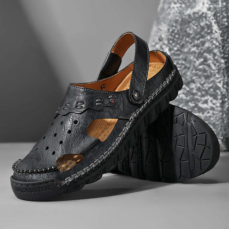 Men's Casual Closed Toe Adjustable Leather Sandals Handmade Fisherman Beach Sandals