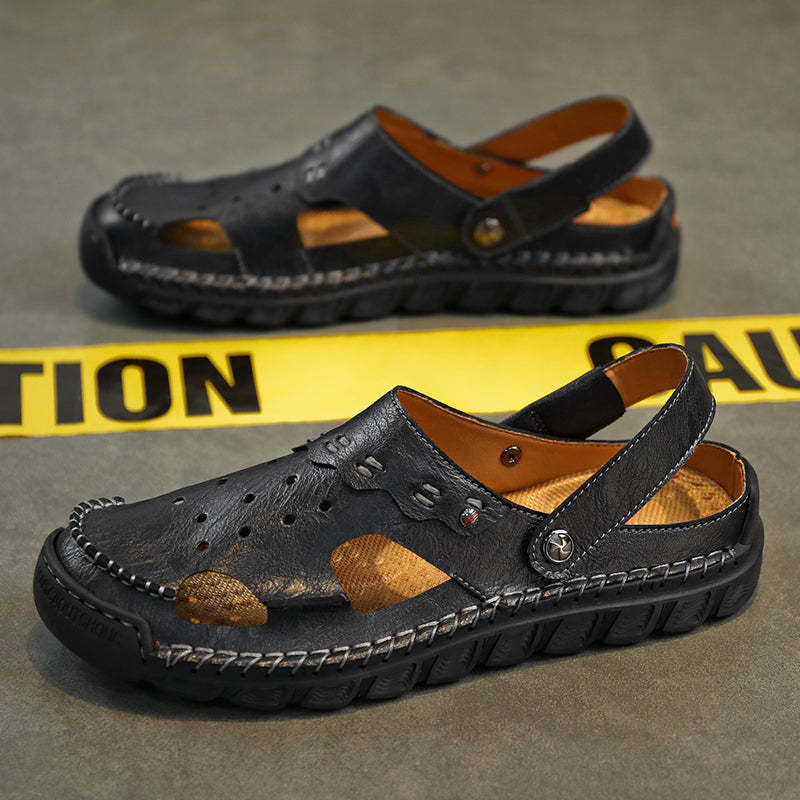 Men's Casual Closed Toe Adjustable Leather Sandals Handmade Fisherman Beach Sandals