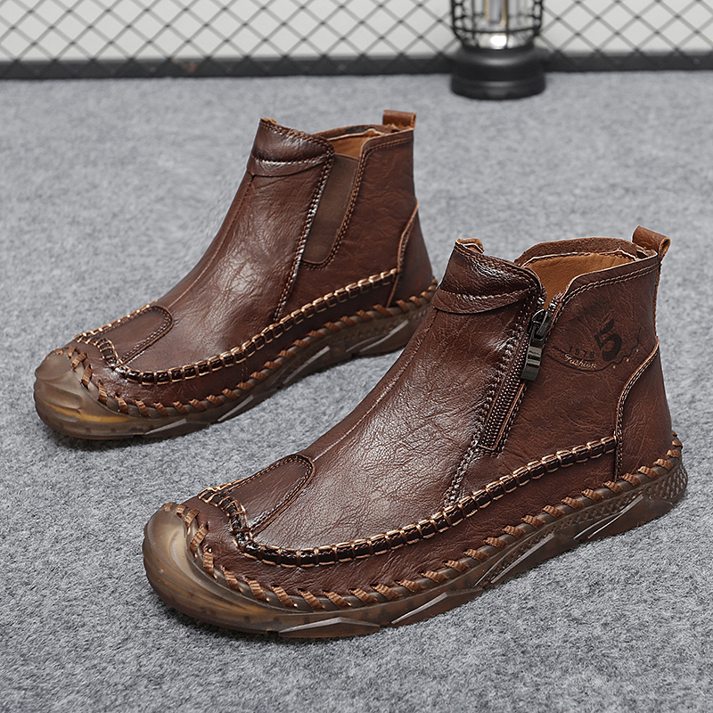 Mens Hand Stitching Leather Lace Up Ankle Boots Casual Vintage Non Slip Flats Arch Support Loafers for Hiking Walking Driving Chukka Boots