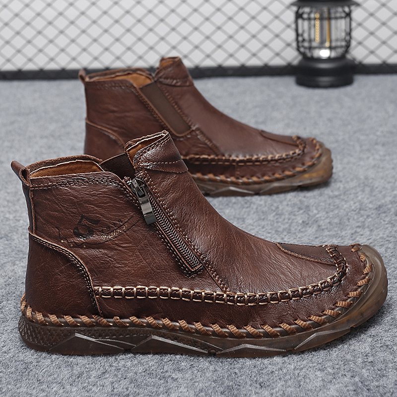 Mens Hand Stitching Leather Lace Up Ankle Boots Casual Vintage Non Slip Flats Arch Support Loafers for Hiking Walking Driving Chukka Boots