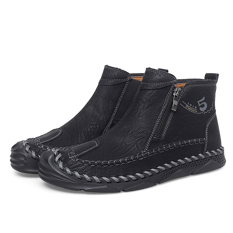 Mens Hand Stitching Leather Lace Up Ankle Boots Casual Vintage Non Slip Flats Arch Support Loafers for Hiking Walking Driving Chukka Boots