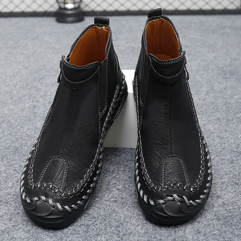 Mens Hand Stitching Leather Lace Up Ankle Boots Casual Vintage Non Slip Flats Arch Support Loafers for Hiking Walking Driving Chukka Boots