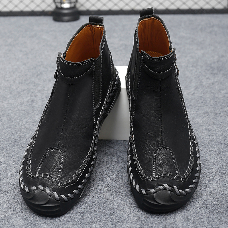 Mens Hand Stitching Leather Lace Up Ankle Boots Casual Vintage Non Slip Flats Arch Support Loafers for Hiking Walking Driving Chukka Boots