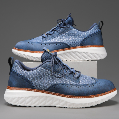 Men's Blue Casual Sneakers, Artificial Leather Upper,Thick Soles, Big Sizes, British Style, Brogues Shoes,Comfortable
