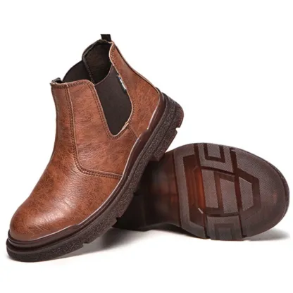 ⏰Last Day Sale 70% off-Men's Genuine Leather Steel Toe Chelsea Work Boots – Anti-Puncture, Waterproof, Slip-On Safety Shoes, Durable & Non-Slip
