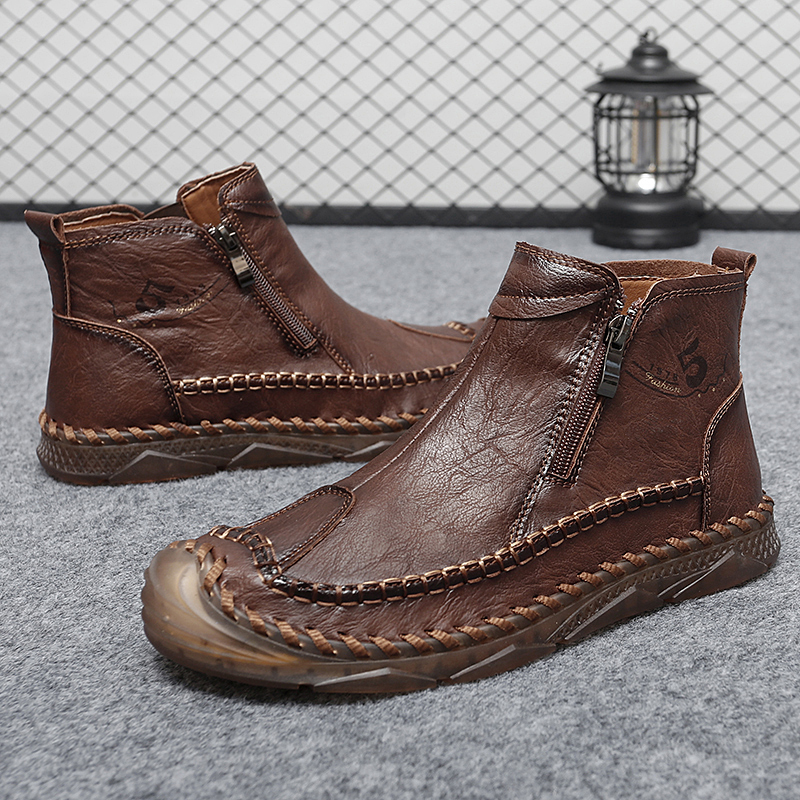 Mens Hand Stitching Leather Lace Up Ankle Boots Casual Vintage Non Slip Flats Arch Support Loafers for Hiking Walking Driving Chukka Boots