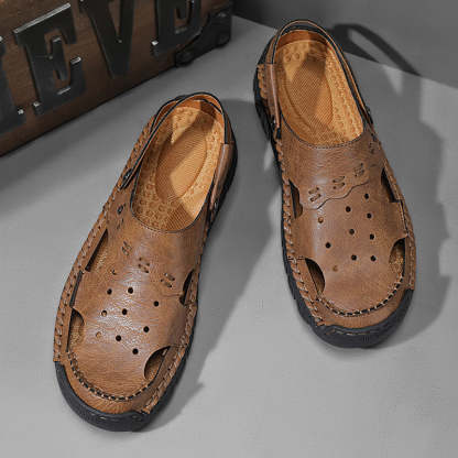 Men's Casual Closed Toe Adjustable Leather Sandals Handmade Fisherman Beach Sandals