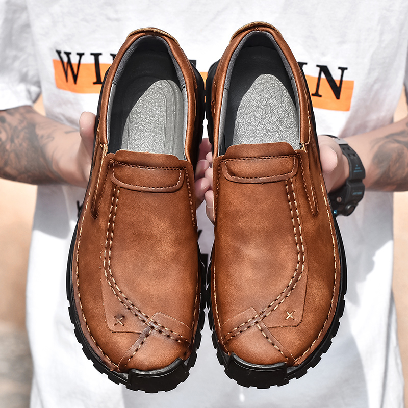 Mens Casual Shoes Summer Breathable Sneakers Loafers Walking Shoes Hand Made Lace-Up Leather Dress Flats Shoes for Driving Business Working Office