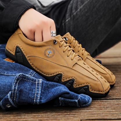 (🎁Free Orthotic Insoles🔥)Men’s Handmade Premium Cowhide Leather Lace-Up Dress Shoes with Arch Support, Breathable for Summer Walking & Driving