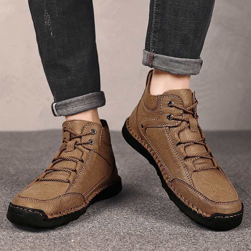 Men's Leather High Top Hiking Shoes Chukka Boots,Hand Sewing Non-Slip Good Arch Support Casual Outdoor Work Trekking Shoes