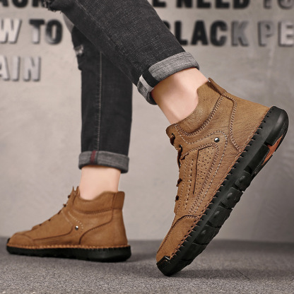 Men's Leather High Top Hiking Shoes Chukka Boots,Hand Sewing Non-Slip Good Arch Support Casual Outdoor Work Trekking Shoes