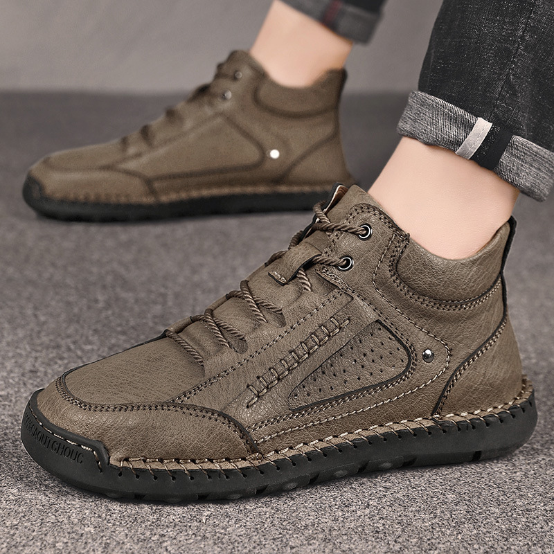 Men's Leather High Top Hiking Shoes Chukka Boots,Hand Sewing Non-Slip Good Arch Support Casual Outdoor Work Trekking Shoes