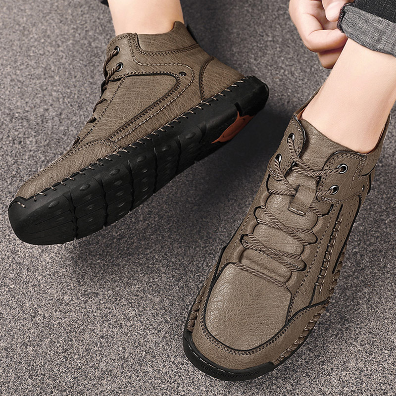 Men's Leather High Top Hiking Shoes Chukka Boots,Hand Sewing Non-Slip Good Arch Support Casual Outdoor Work Trekking Shoes