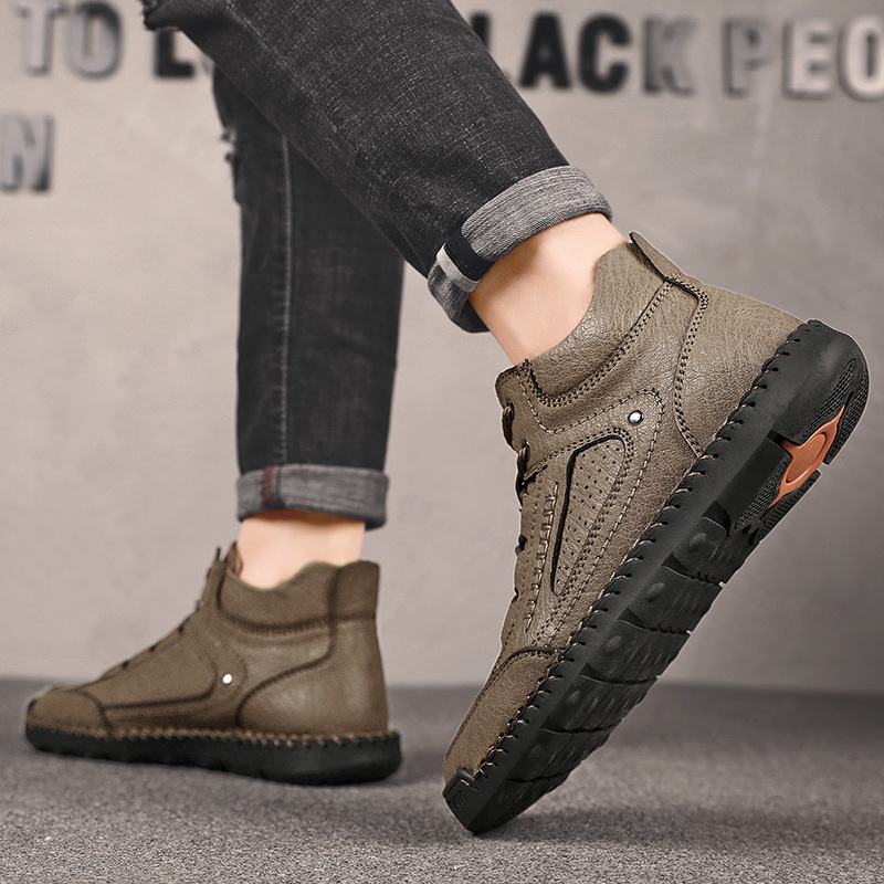 Men's Leather High Top Hiking Shoes Chukka Boots,Hand Sewing Non-Slip Good Arch Support Casual Outdoor Work Trekking Shoes