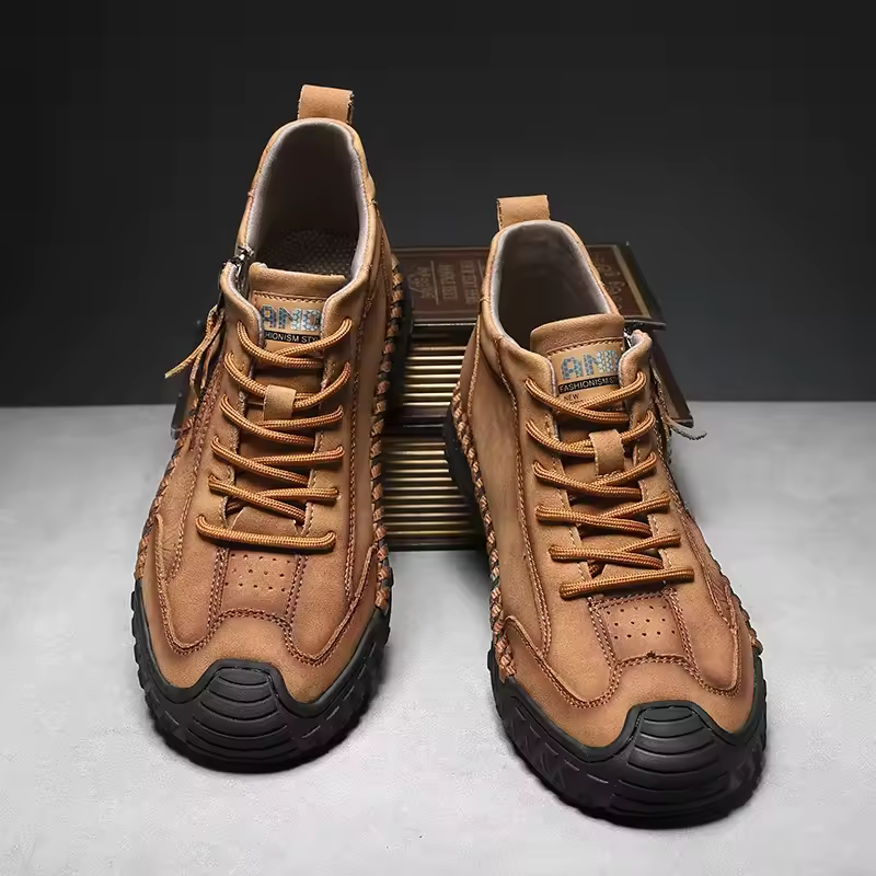 Men’s Outdoor Leather Shoes with Zipper – Waterproof, Arch Support & Wide Toe Comfort