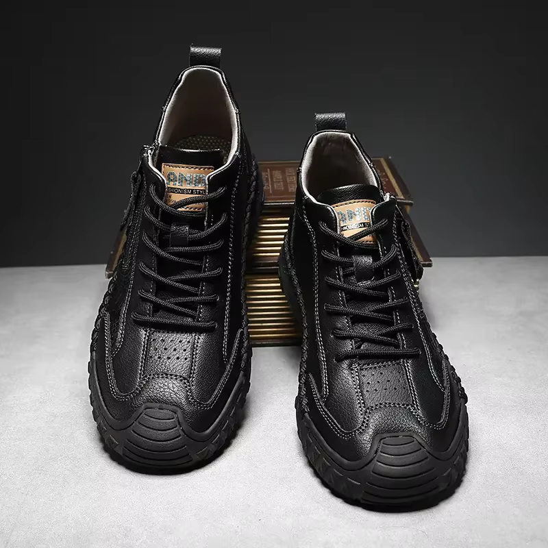 Men's Outdoor Leather Shoes with Zipper – Waterproof, Arch Support & Wide Toe Comfort