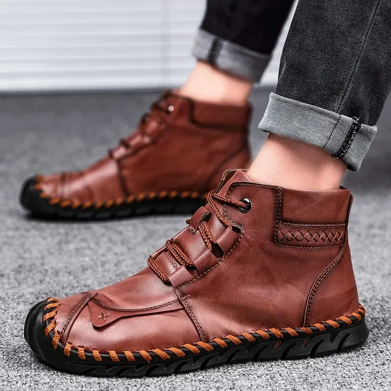 Men's Comfortable Waterproof Durable Handmade Leather Shoes Wide Toe Shoes