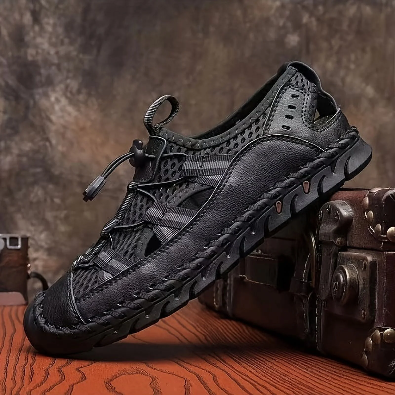 Men’s Breathable Leather Summer Sandals – Handmade Closed-Toe Fisherman Style for Beach, Hiking & Casual Outdoor Wear