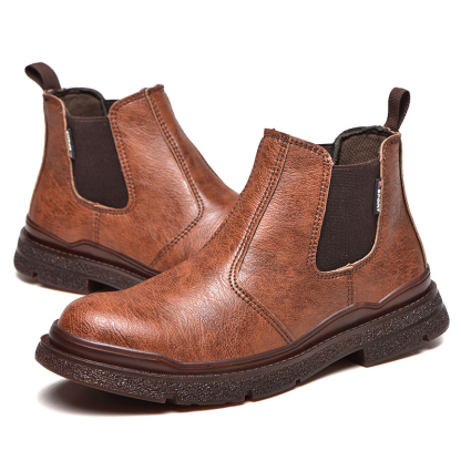 ⏰Last Day Sale 70% off-Men's Genuine Leather Steel Toe Chelsea Work Boots – Anti-Puncture, Waterproof, Slip-On Safety Shoes, Durable & Non-Slip