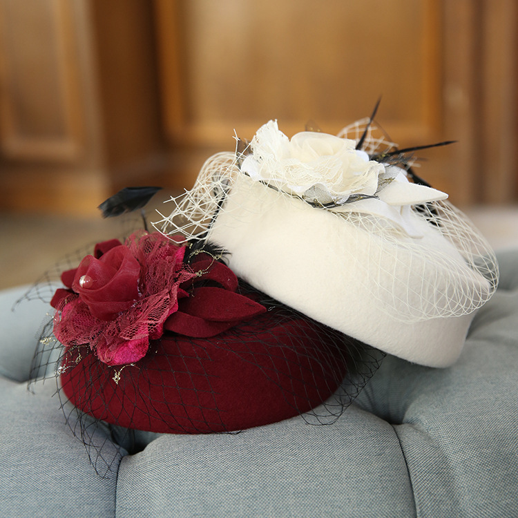 British Retro Elegant Bow Mesh Wool Stewardess Hat