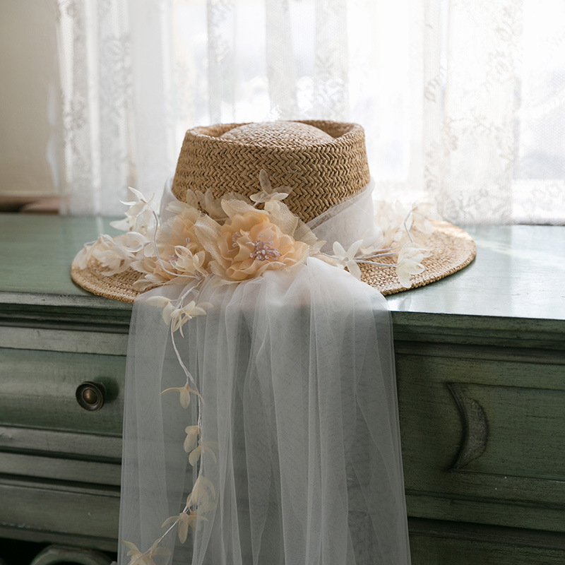 Retro Gauze Straw Flat-Top Beach Photo Sun Hat