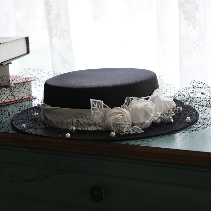 French Retro Hepburn Style Black Fashionable Hat Mesh Flat Top Hat