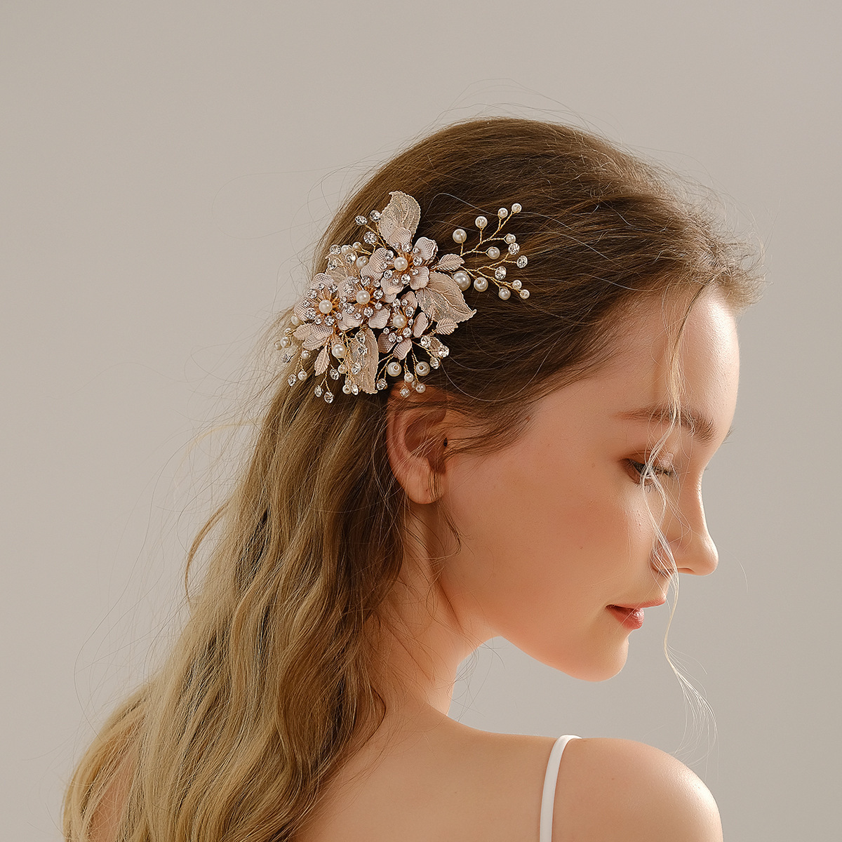 Handmade Gold Silk Floral Leaf Pearl Hairpin