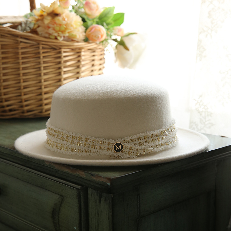 Pure Wool Men And Women White Flat Top Wide Brim Hat
