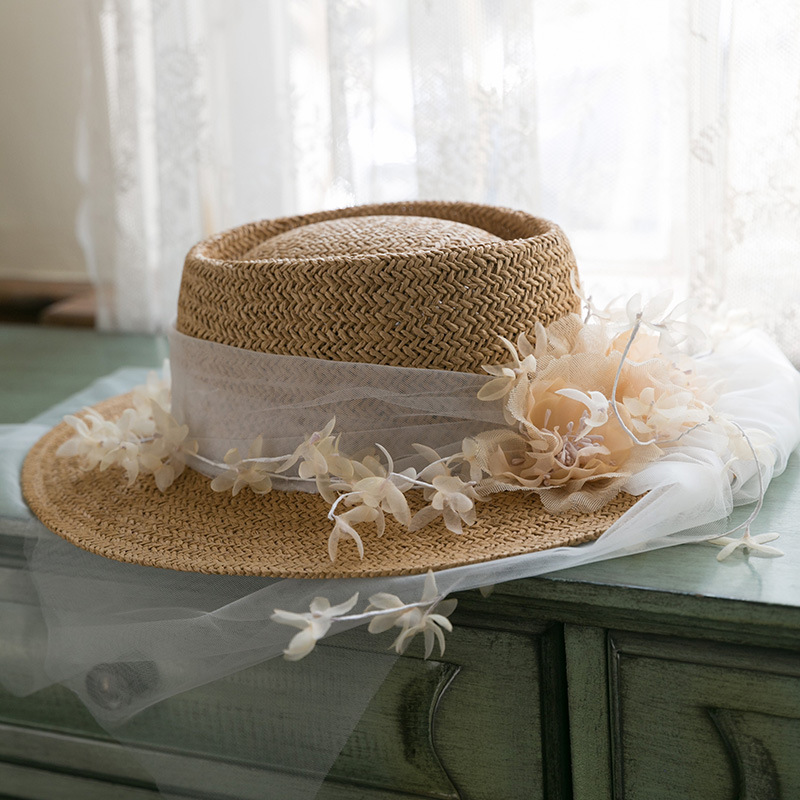 Retro Gauze Straw Flat-Top Beach Photo Sun Hat