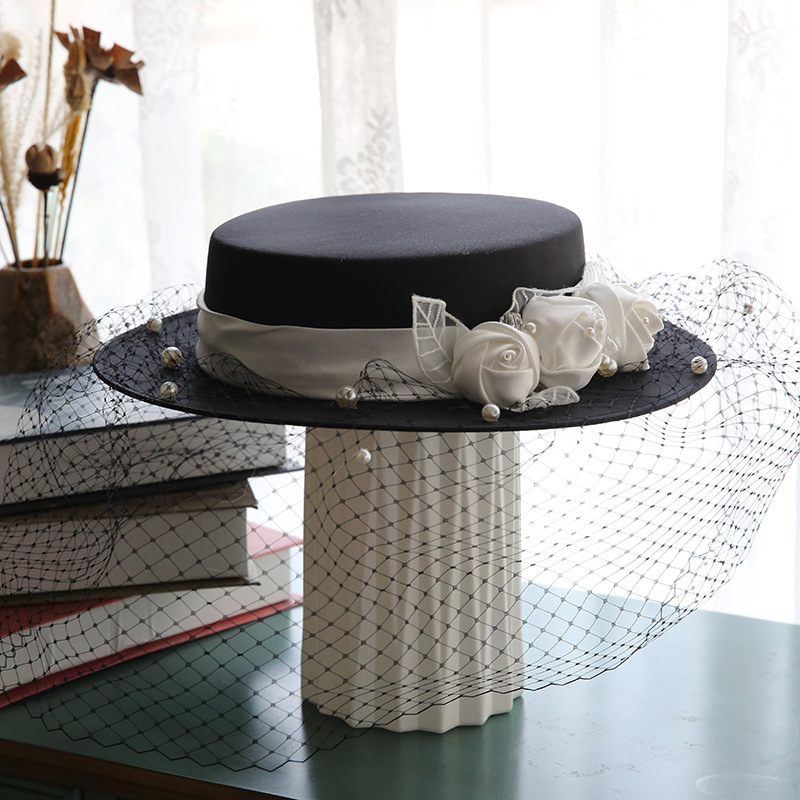 French Retro Hepburn Style Black Fashionable Hat Mesh Flat Top Hat