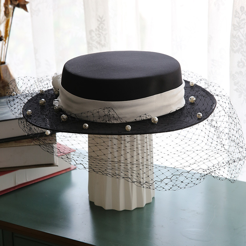 French Retro Hepburn Style Black Fashionable Hat Mesh Flat Top Hat