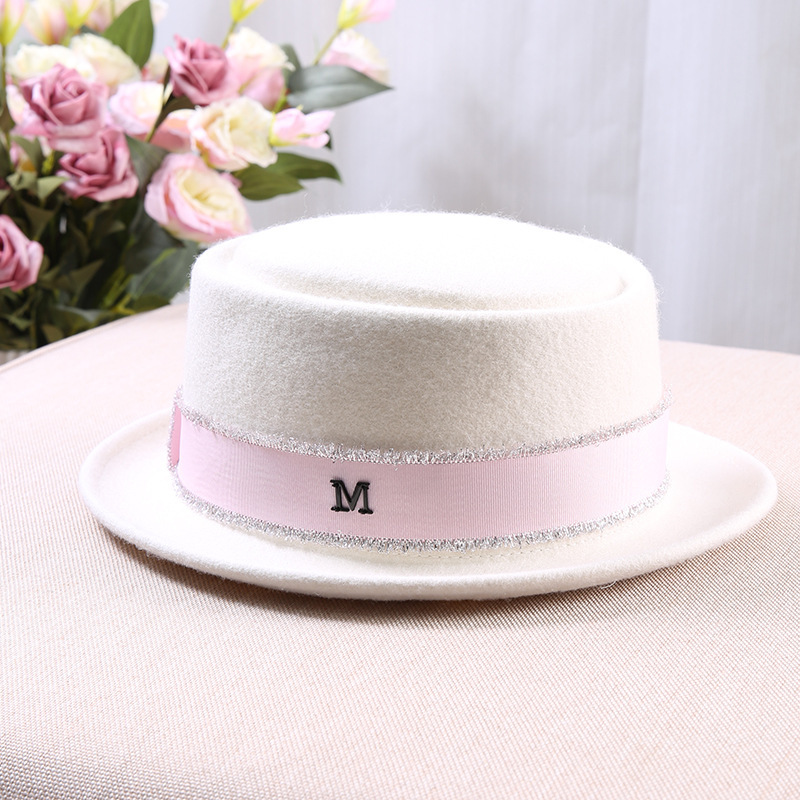 Women's White Flat Top Short Brim Wool Felt Hat