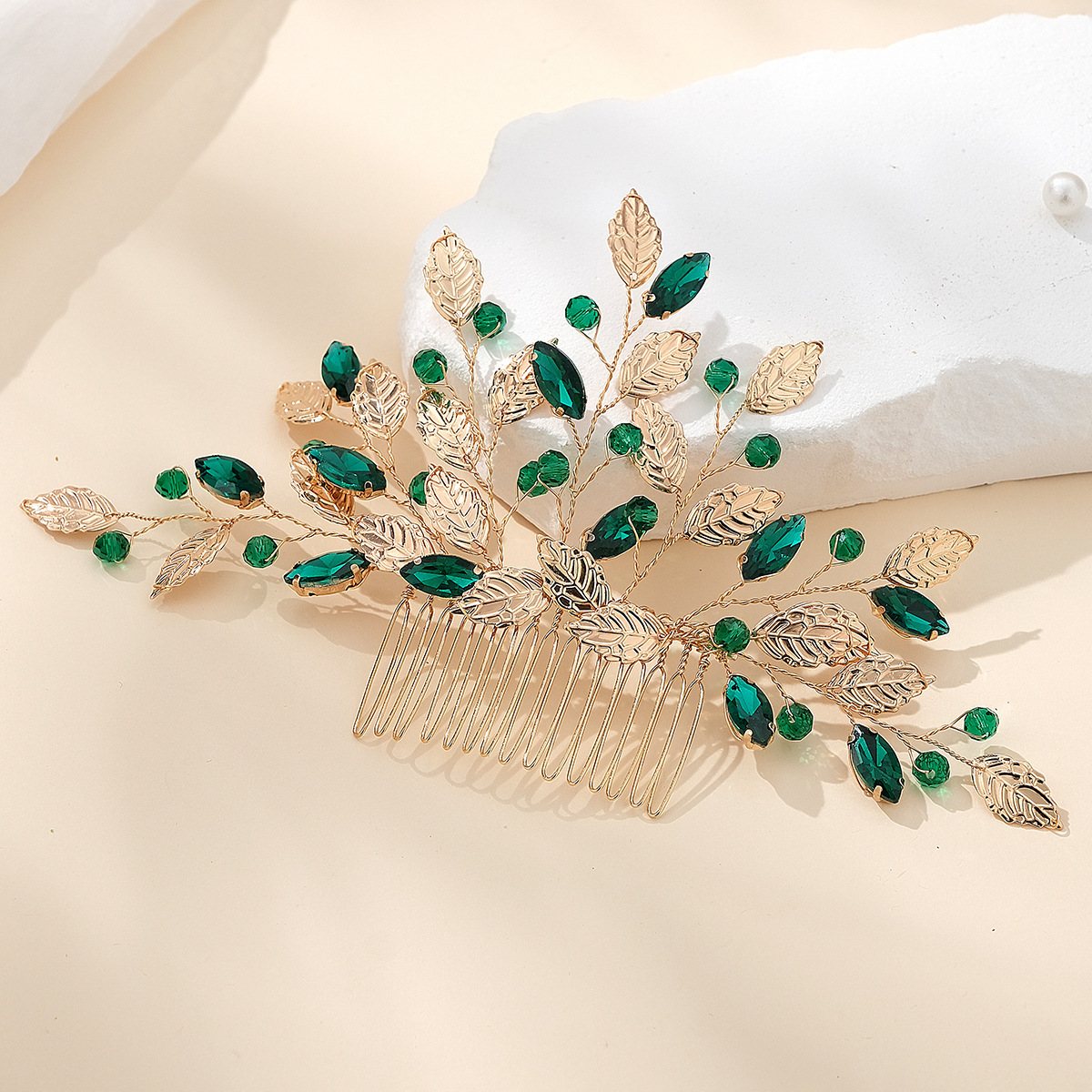 Hand-Woven Green Crystal Bridal Hair Comb