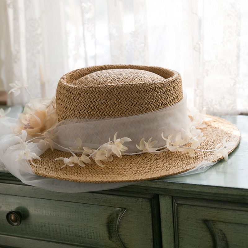 Retro Gauze Straw Flat-Top Beach Photo Sun Hat