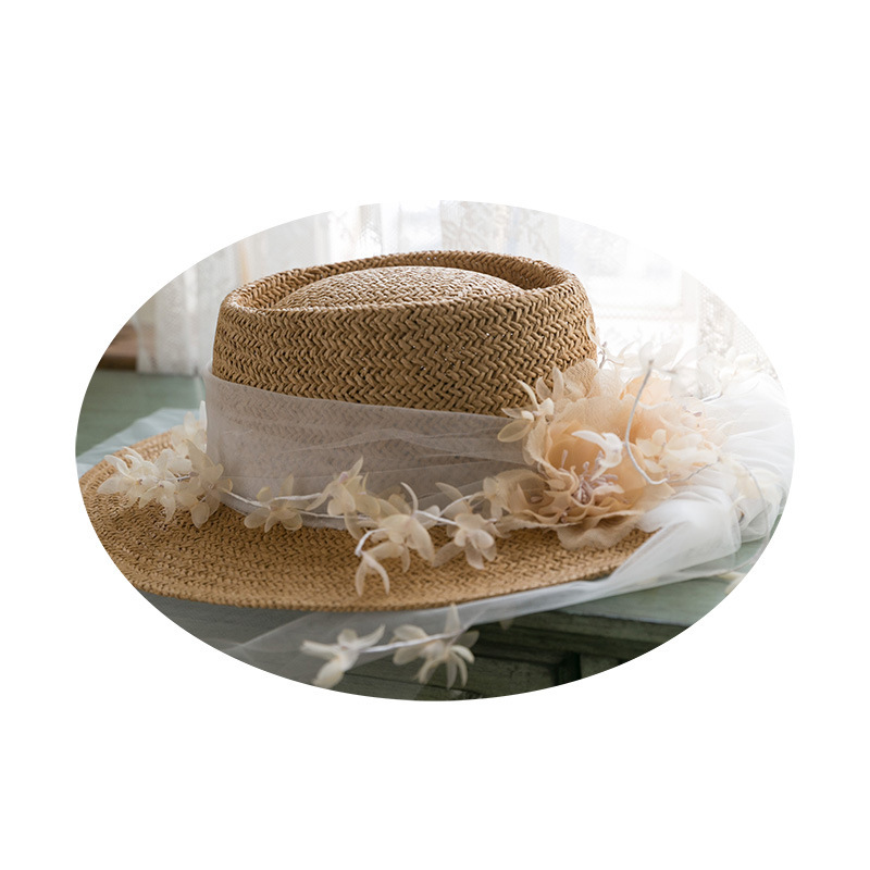 Retro Gauze Straw Flat-Top Beach Photo Sun Hat