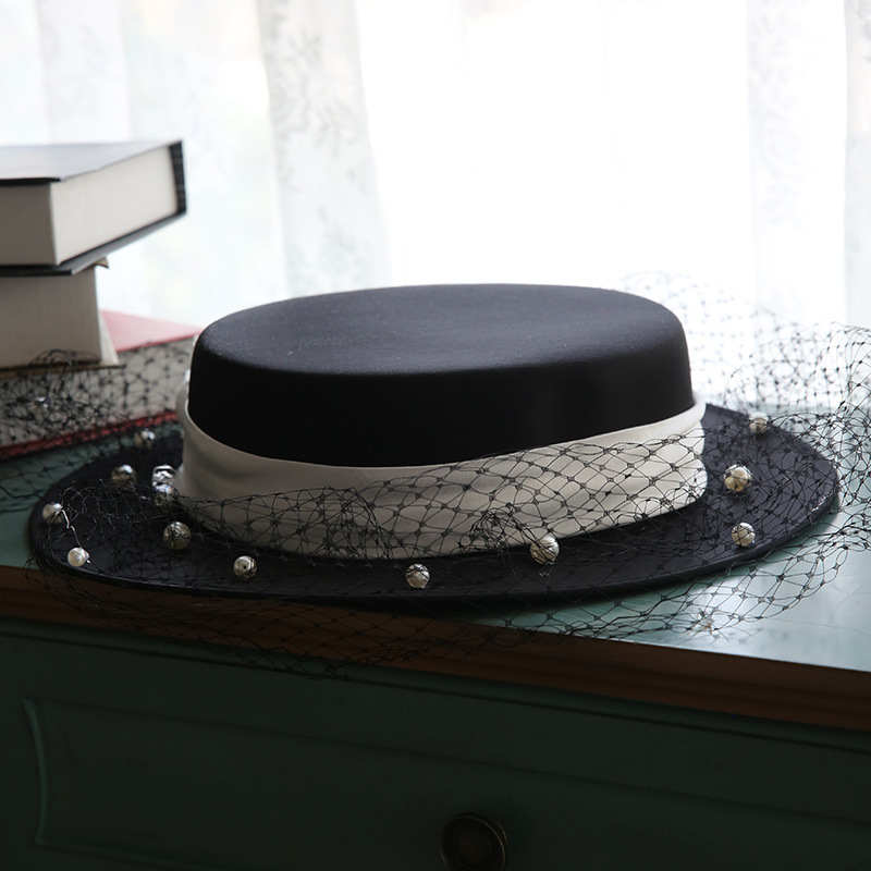 French Retro Hepburn Style Black Fashionable Hat Mesh Flat Top Hat