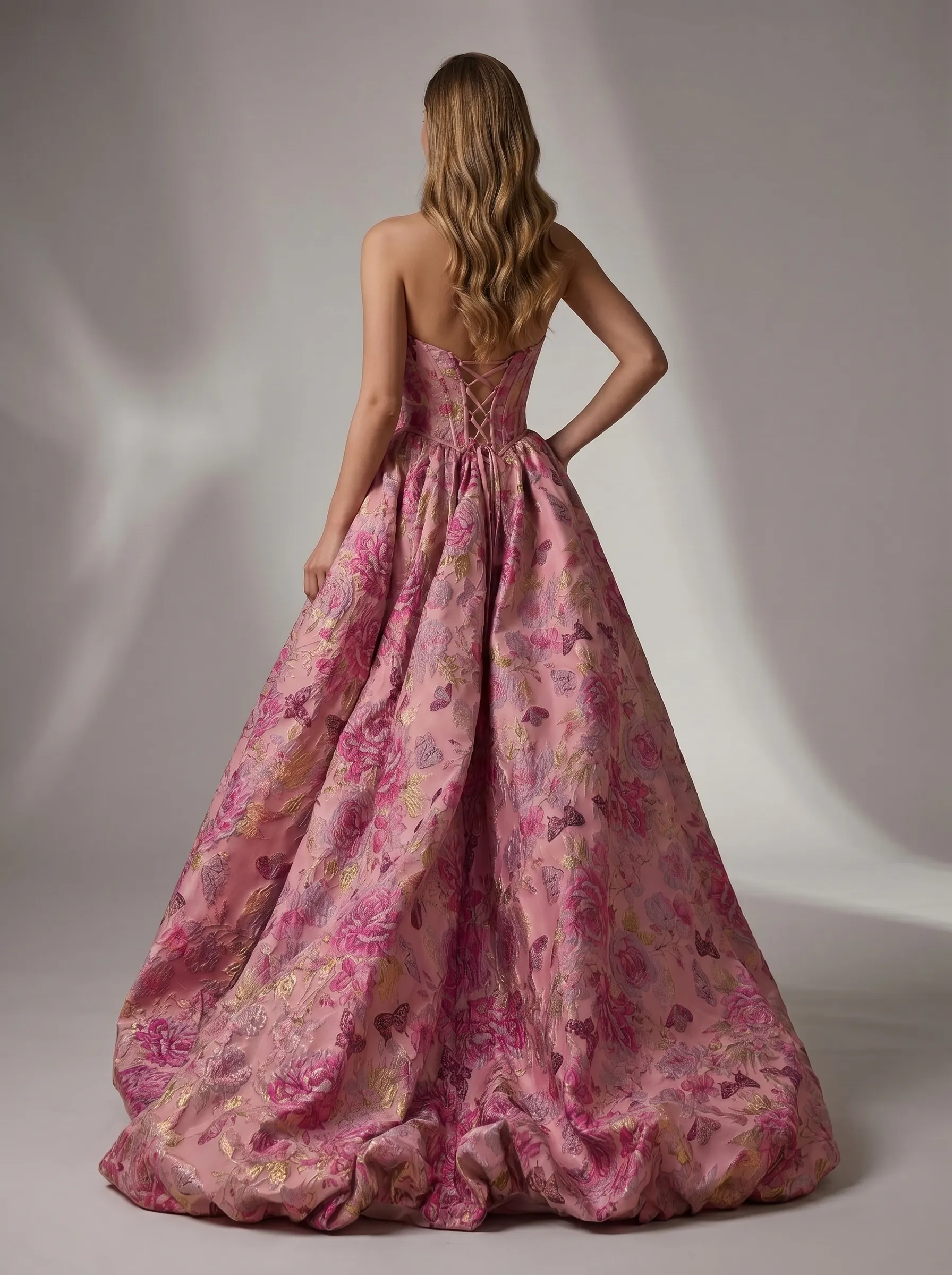 #3704 Rosemarnder Rose Pink Jacquard Flowers Prom Dress 