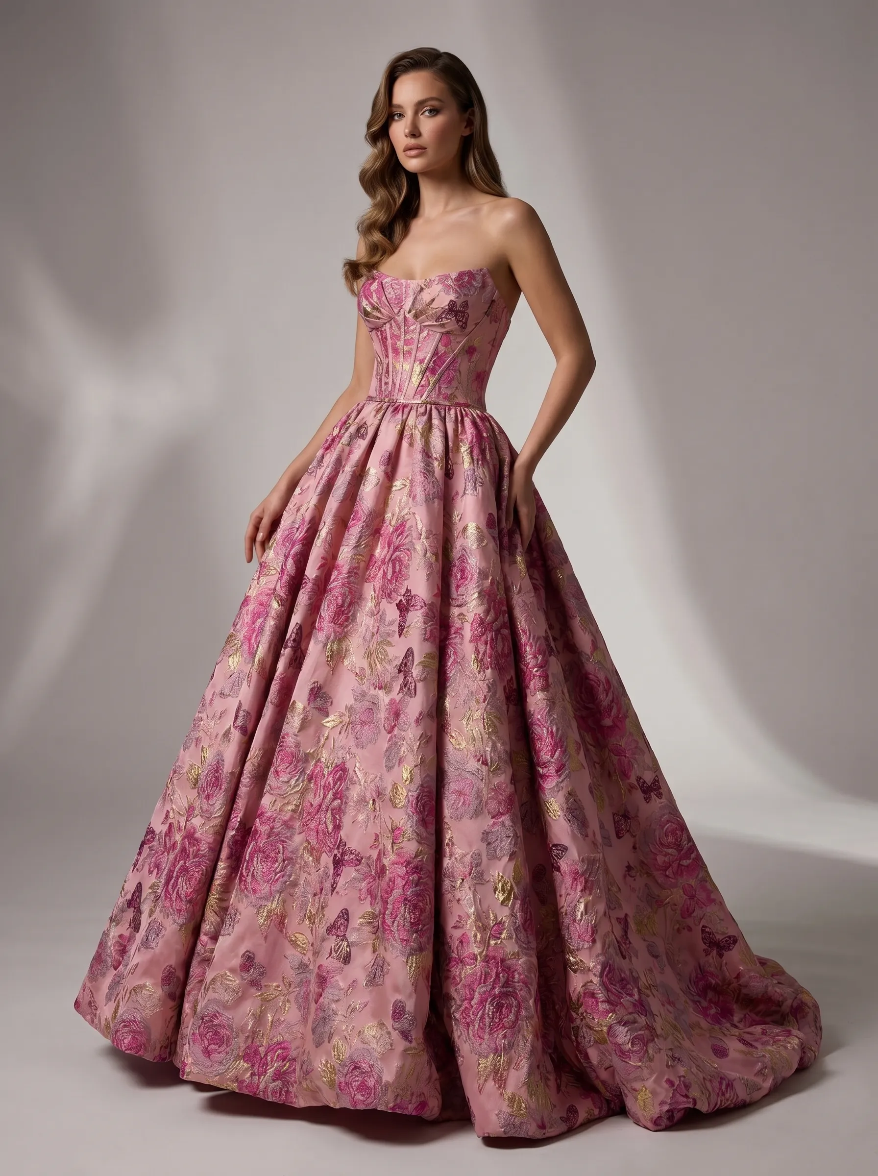 #3704 Rosemarnder Rose Pink Jacquard Flowers Prom Dress 