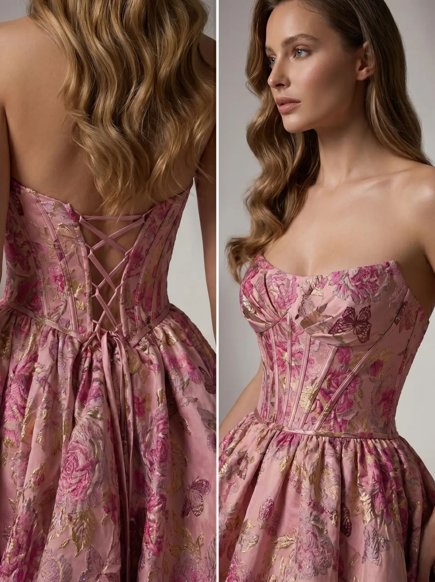 #3704 Rosemarnder Rose Pink Jacquard Flowers Prom Dress 