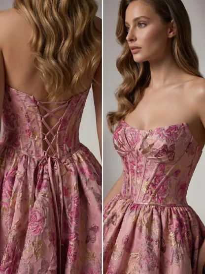 #3704 Rosemarnder Rose Pink Jacquard Flowers Prom Dress 