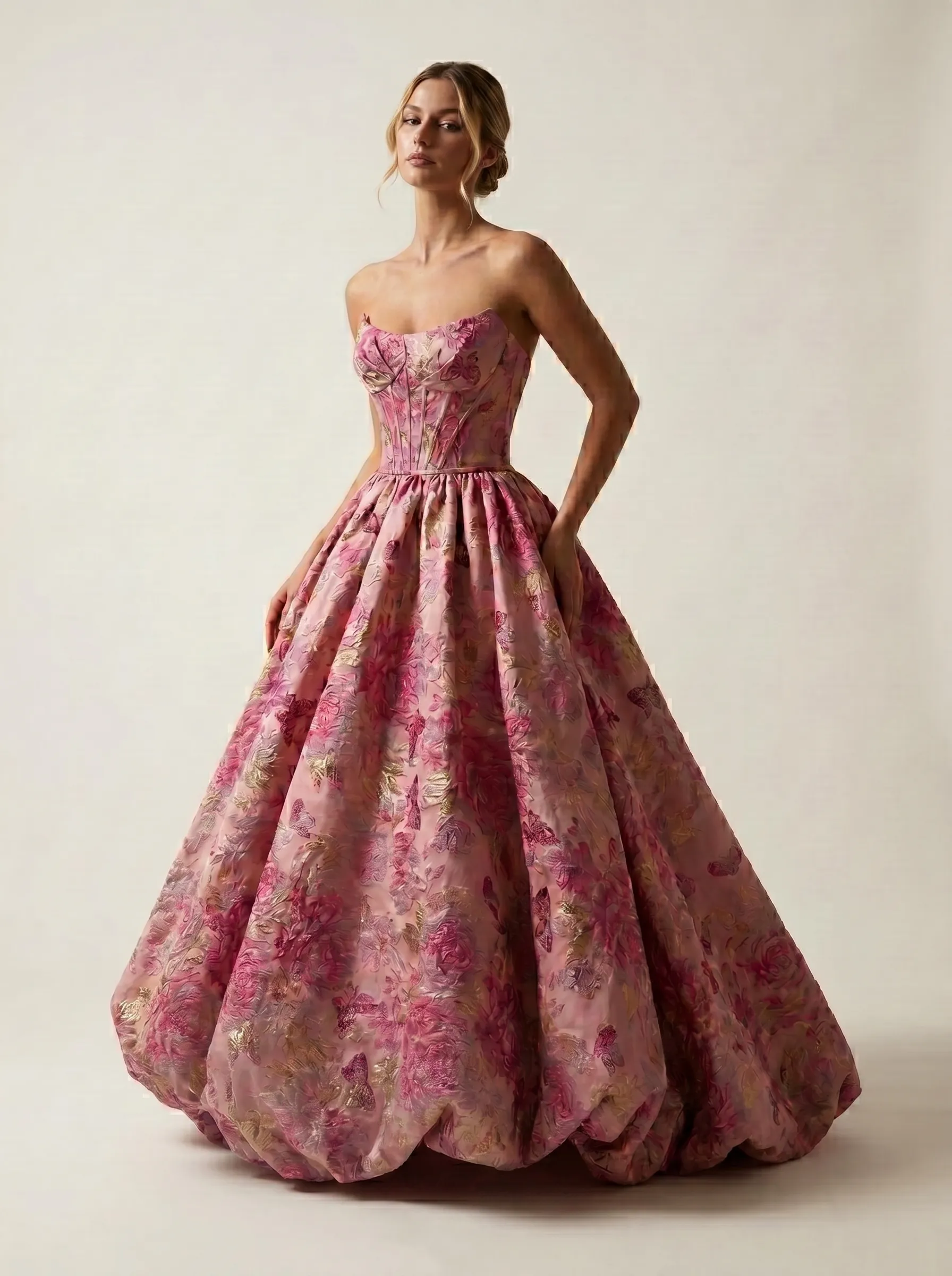 #3704 Rosemarnder Rose Pink Jacquard Flowers Prom Dress 