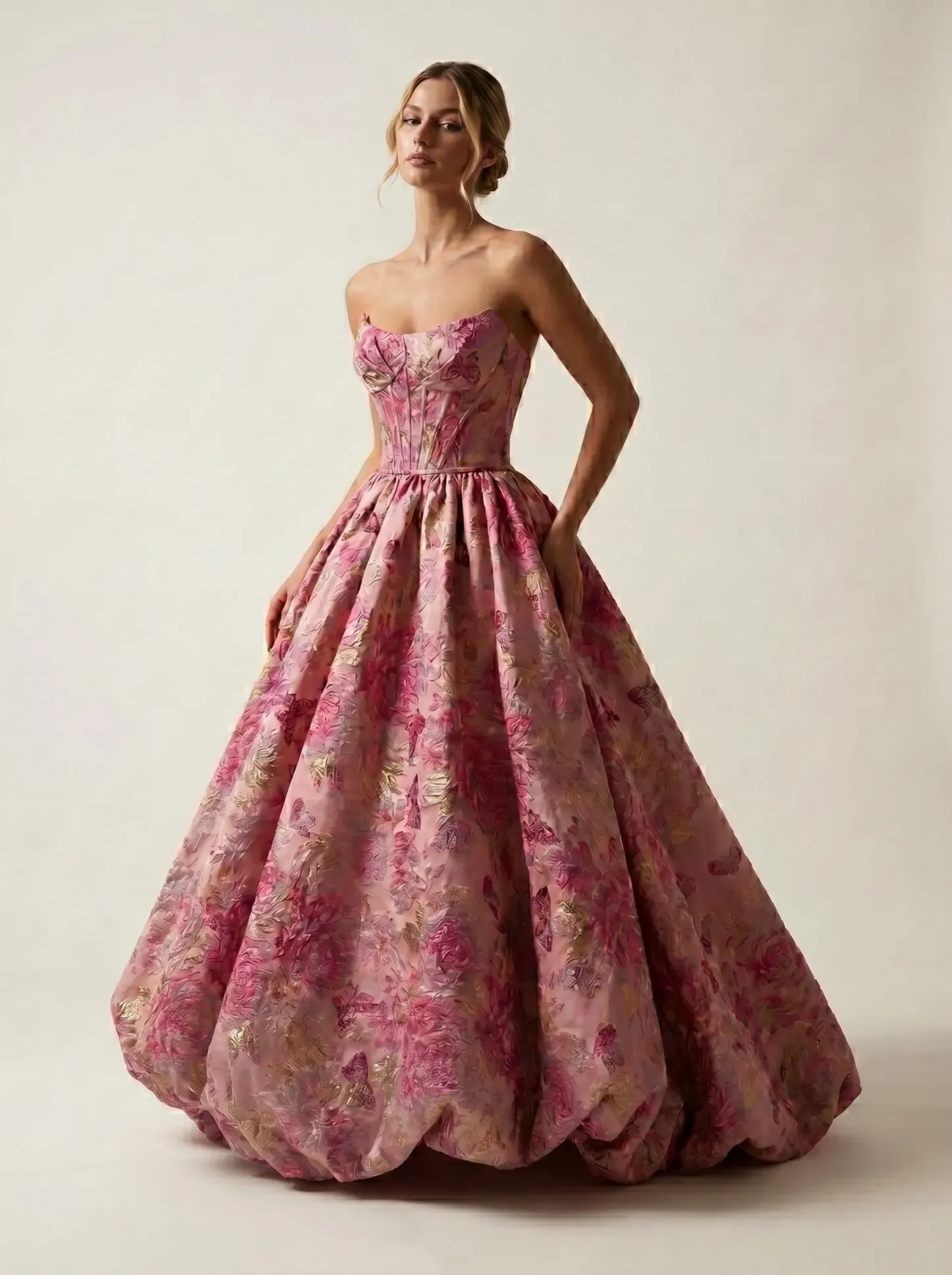 #3704 Rosemarnder Rose Pink Jacquard Flowers Prom Dress 